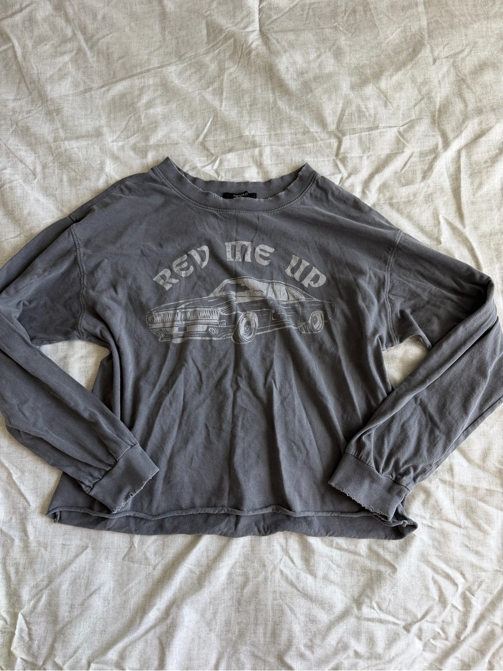 Forever 21 Grey Distressed "Rev Me Up" Graphic Long Sleeve Top (L)
